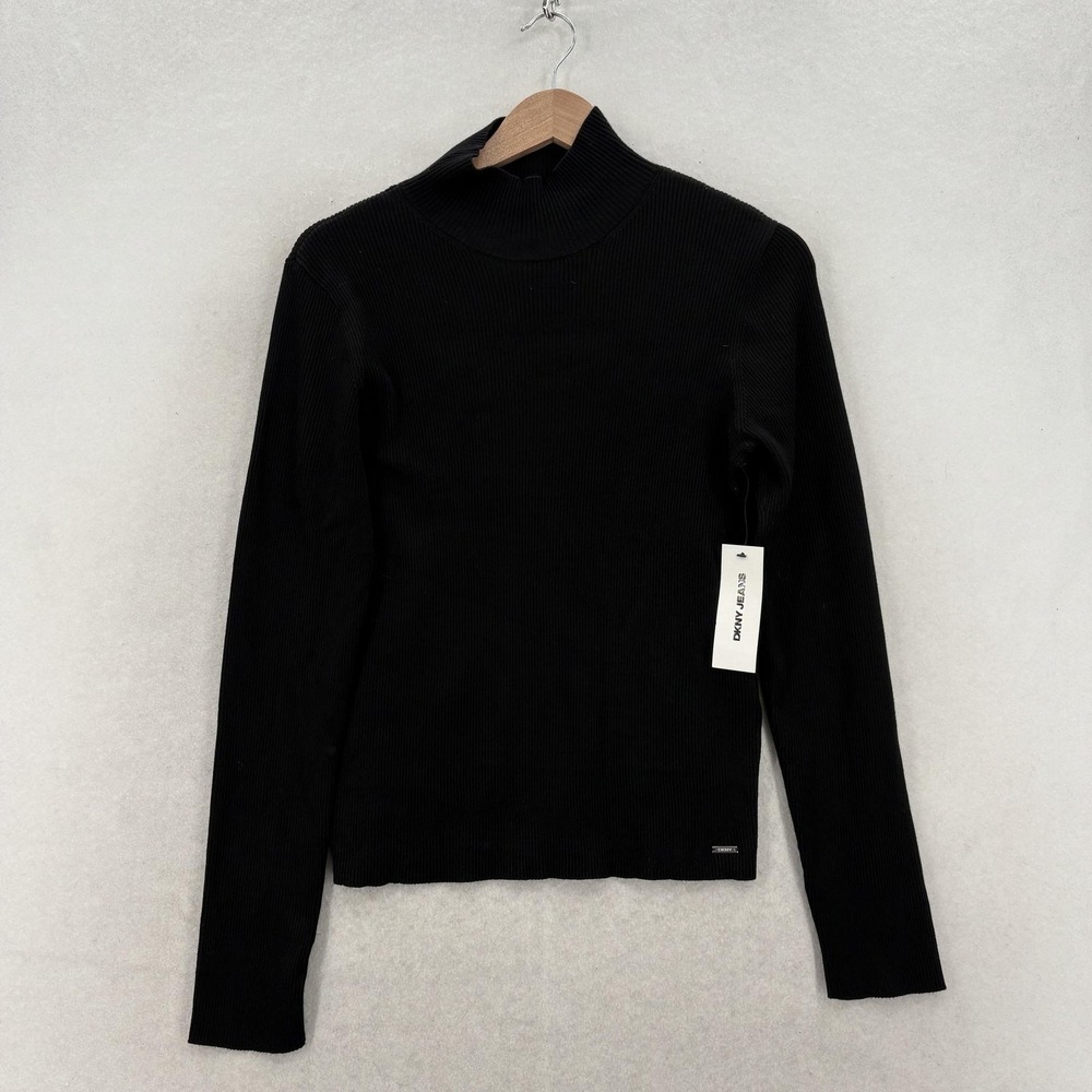 DKNY Jeans Sweater Womens Medium Black Rayon Polyester Mock Neck Stretch Knit